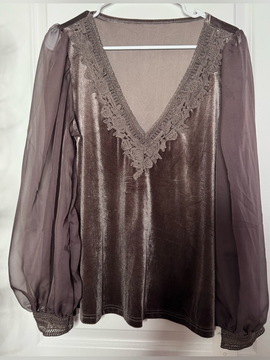 Tops - Velvet V-Neck Blouse Sheer Long Sleeves babydoll lace crochet  medium stretch
